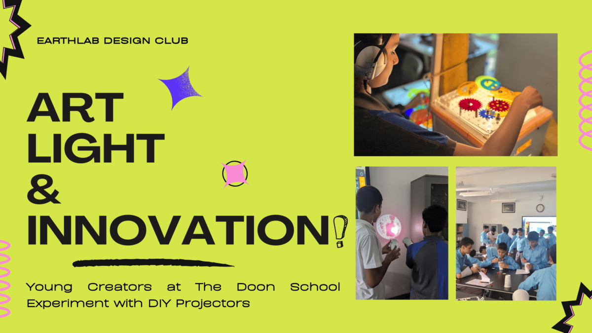 Students participating in an interactive design workshop at The Doon School, exploring art and technology through DIY projectors.