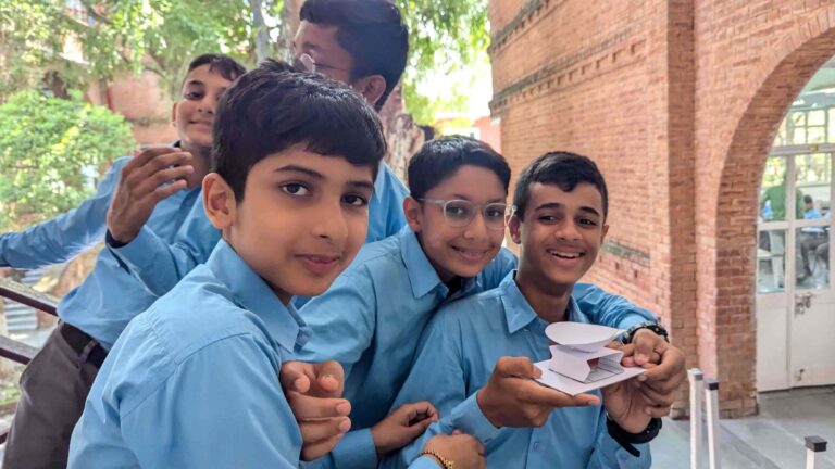 DOON SCHOOL STUDENTS WITH THEIR PAPER SPEAKERS
